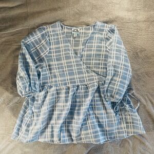 romantic sheer wrap blouse blue plaid XL Puff Sleeve‎